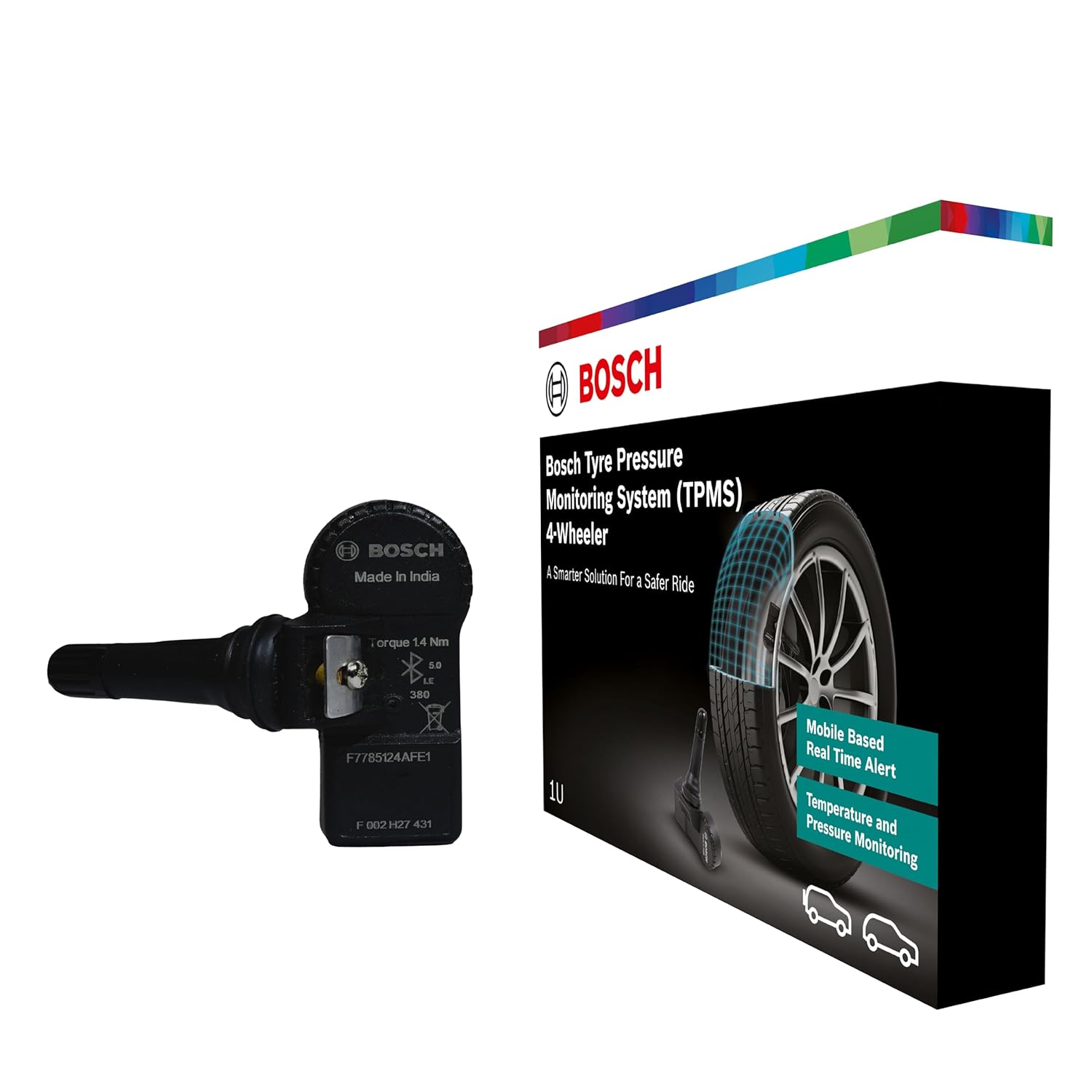 Bosch Tyre Pressure Monitoring System (TPMS) for Cars with tubeless Tyres | Pack of 4 sensors | Real-Time Tracking 