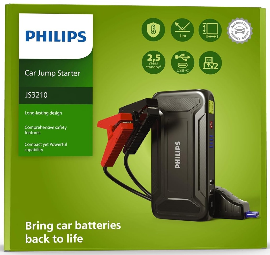 Philips Car Jump Starter JS3210 | Compact Design | Compatible with 4.0L Petrol Engine, 3.0L Diesel Engine and Two Wheeler | 9900mAH