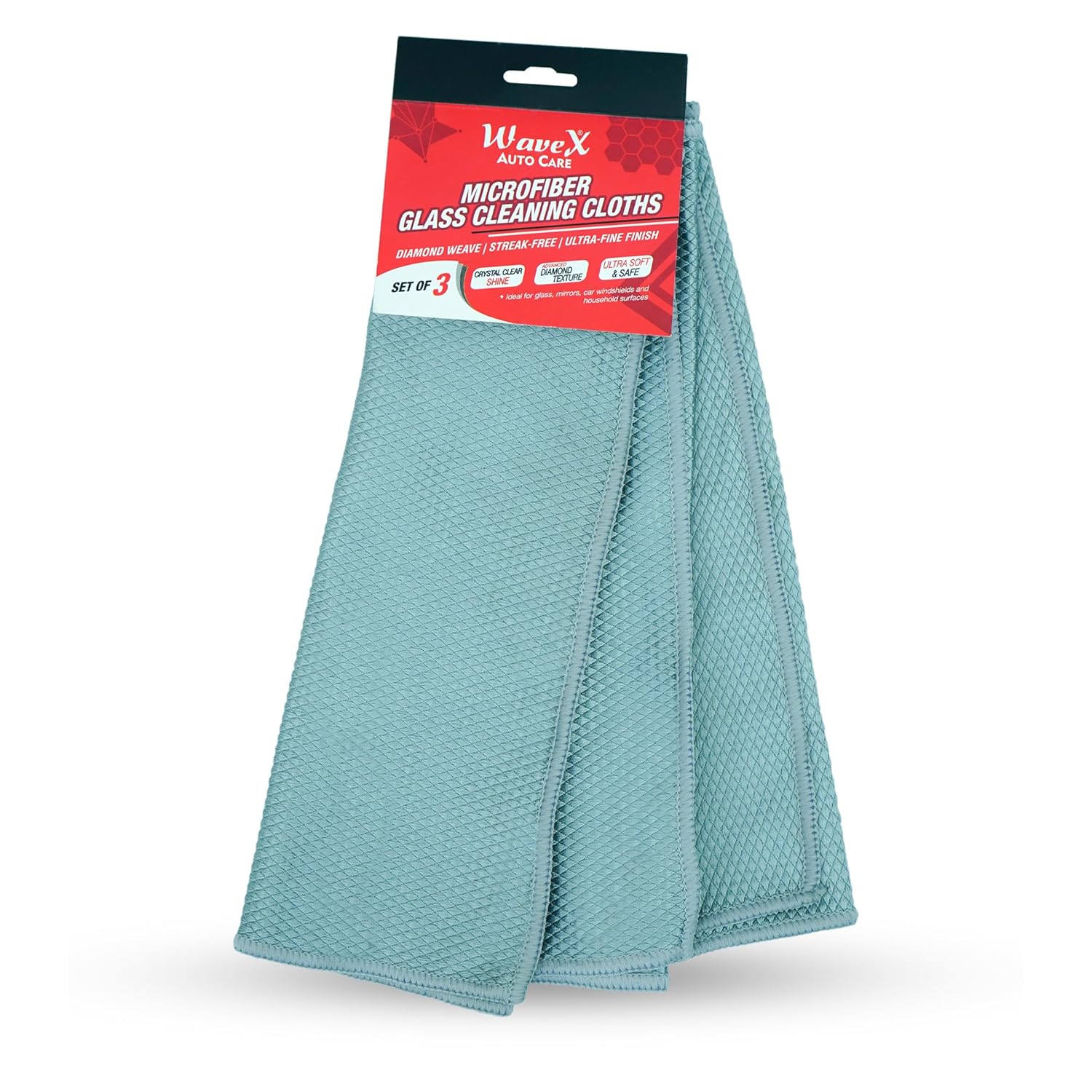 WaveX Microfiber Glass Cleaning Cloth (Set of 3) – Diamond Weave, Streak-Free & Lint-Free